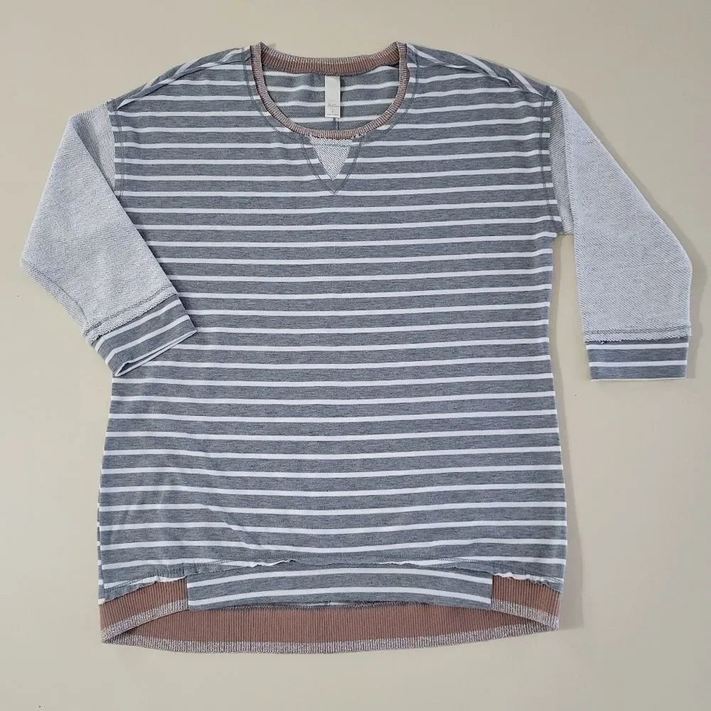 Cato Gray Striped Mixed Media Crewneck Sweatshirt